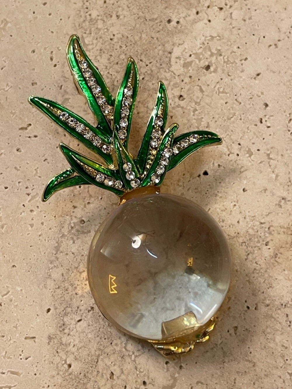Parisian Boutique Pineapple Brooch Glass Orb Green Enamel Crystal Statement